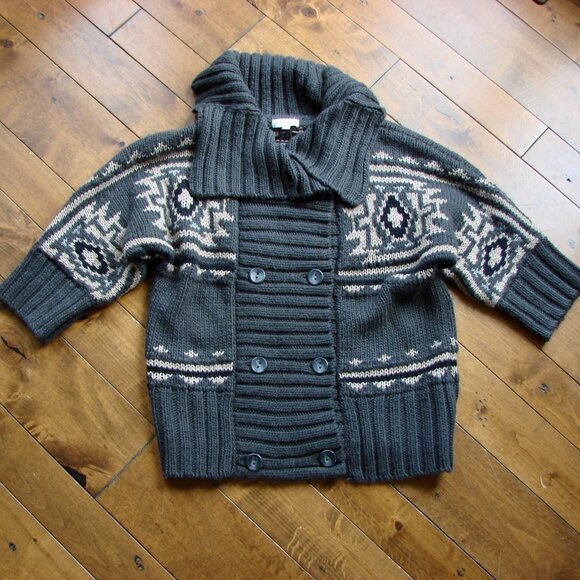 Chunky Knit Cardigan Sweater Gray Cream Aztec Pattern Wool Alpaca Blend Medium - Picture 1 of 16